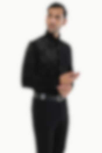 Black Blended Rayon Motifs Embroidered Party Wear Shirt by KUSTOMEYES at Pernia's Pop Up Shop