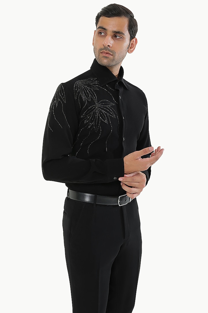Black Blended Rayon Motifs Embroidered Party Wear Shirt by KUSTOMEYES at Pernia's Pop Up Shop