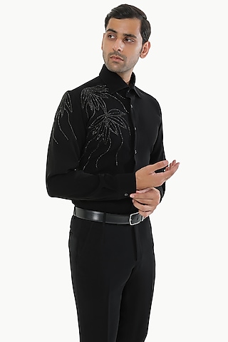 Black Blended Rayon Motifs Embroidered Shirt by Prateek Munjal