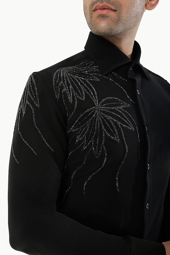 Black Blended Rayon Motifs Embroidered Party Wear Shirt by Prateek Munjal at Pernia's Pop Up Shop