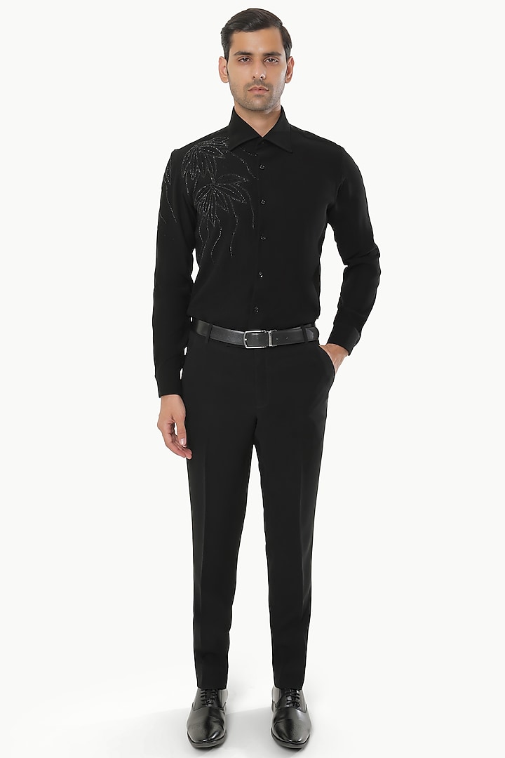 Black Blended Rayon Motifs Embroidered Party Wear Shirt by Prateek Munjal at Pernia's Pop Up Shop