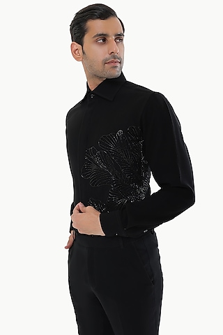 Black Blended Rayon Floral Embroidered Handcrafted Shirt by Prateek Munjal