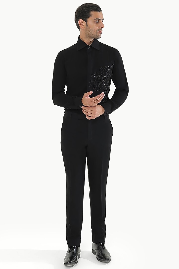 Black Blended Rayon Floral Embroidered Handcrafted Party Wear Shirt by Prateek Munjal at Pernia's Pop Up Shop