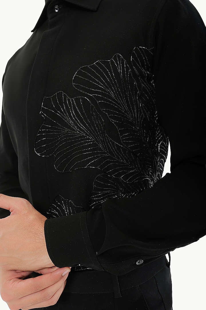 Black Blended Rayon Floral Embroidered Handcrafted Party Wear Shirt by Prateek Munjal at Pernia's Pop Up Shop