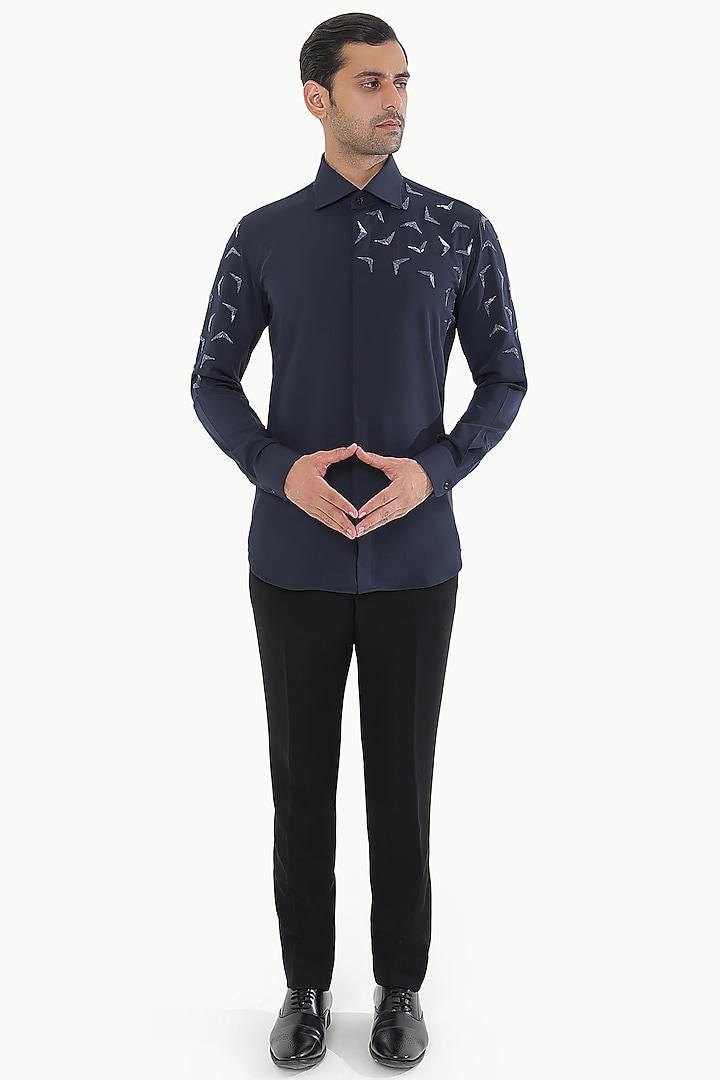 Black Blended Rayon Embellished Party Wear Shirt by KUSTOMEYES at Pernia's Pop Up Shop