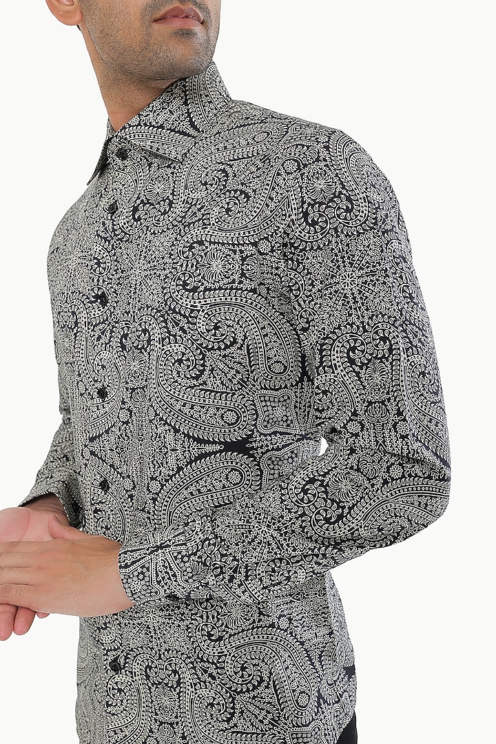 Black Cotton Paisley Printed Party Wear Shirt by Prateek Munjal at Pernia's Pop Up Shop