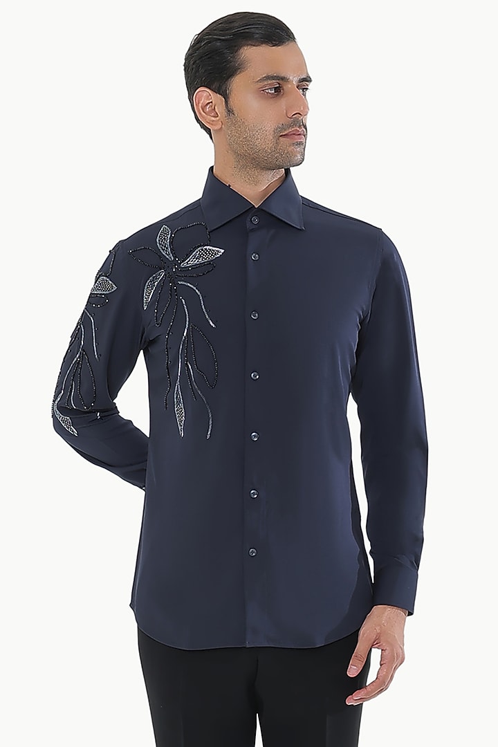 Indigo Blue Blended Rayon Embroidered Party Wear Shirt by KUSTOMEYES at Pernia's Pop Up Shop