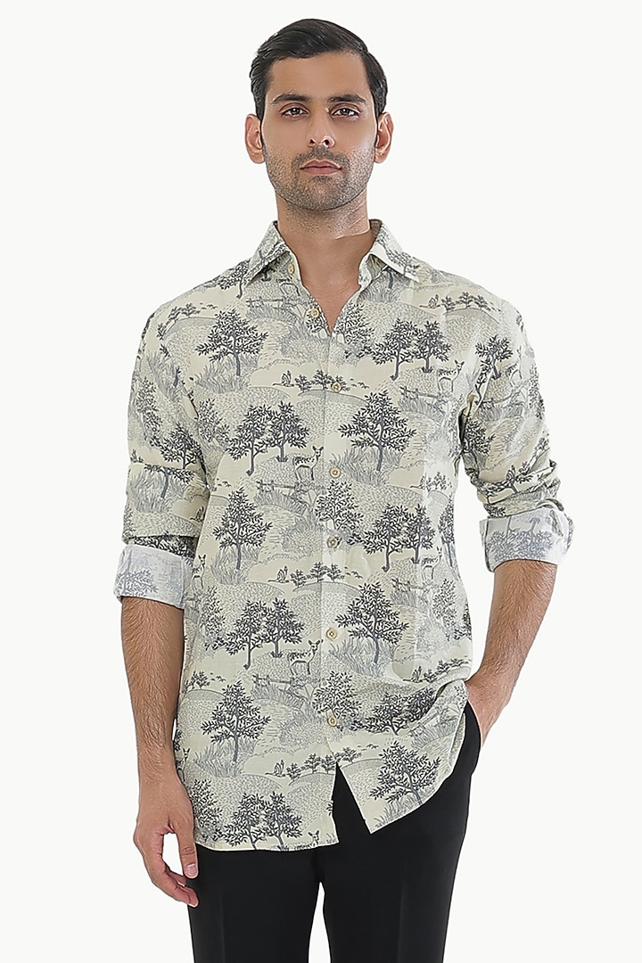 Cream Cotton Printed Party Wear Shirt by Prateek Munjal at Pernia's Pop Up Shop