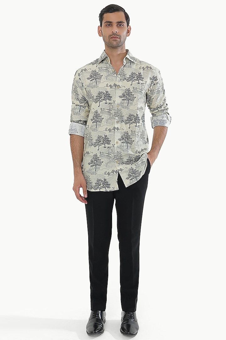 Cream Cotton Printed Party Wear Shirt by Prateek Munjal at Pernia's Pop Up Shop