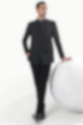 Deep Black Blended Rayon Floral Motifs Wedding Bandhgala Set by KUSTOMEYES at Pernia's Pop Up Shop