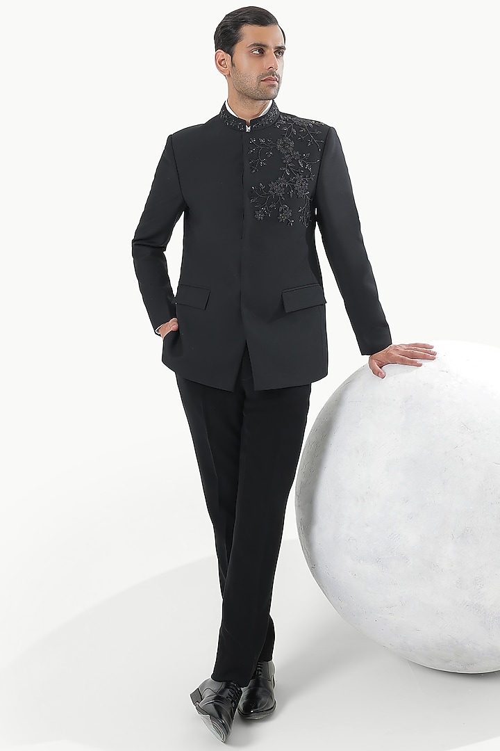 Deep Black Blended Rayon Floral Motifs Wedding Bandhgala Set by KUSTOMEYES at Pernia's Pop Up Shop