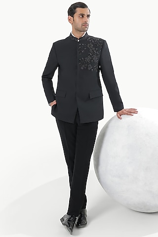 Deep Black Blended Rayon Floral Motifs Bandhgala Set by Prateek Munjal