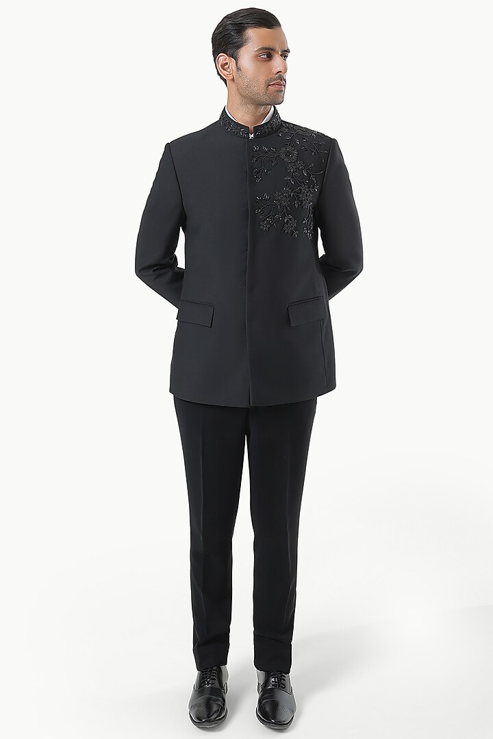 Deep Black Blended Rayon Floral Motifs Wedding Bandhgala Set by Prateek Munjal at Pernia's Pop Up Shop