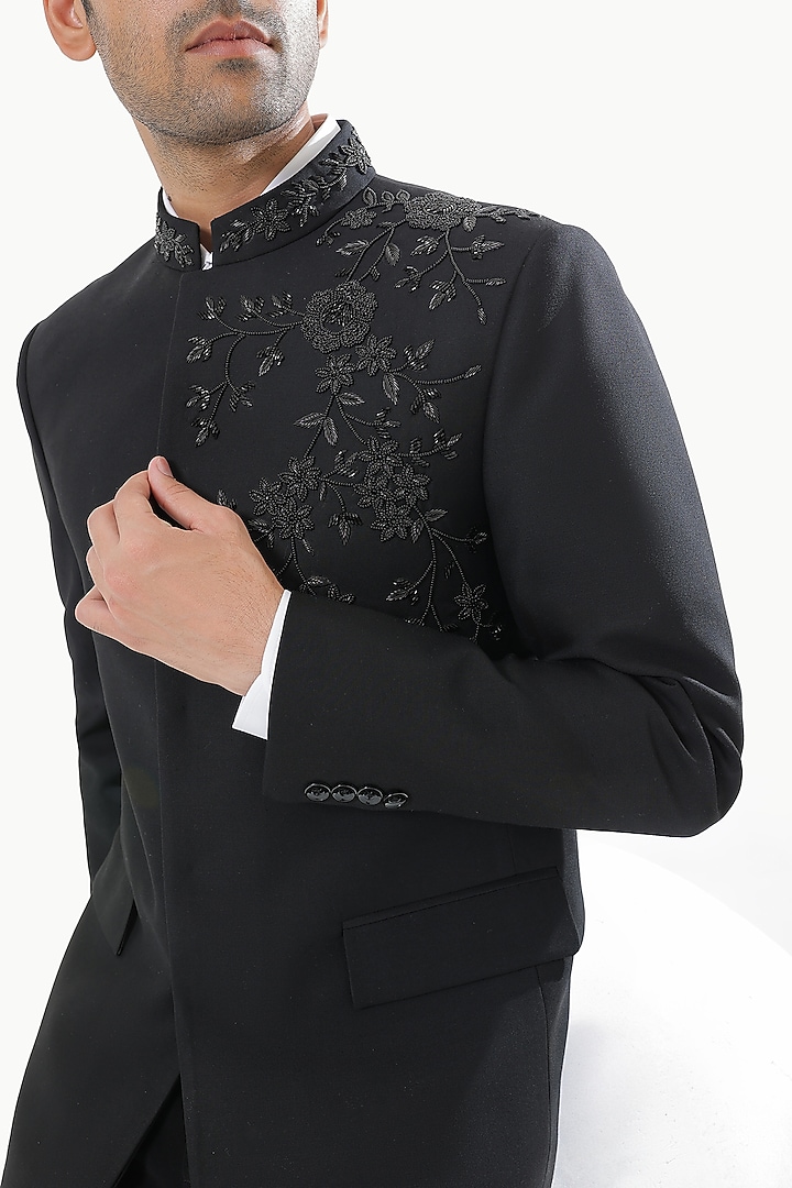 Deep Black Blended Rayon Floral Motifs Wedding Bandhgala Set by Prateek Munjal at Pernia's Pop Up Shop