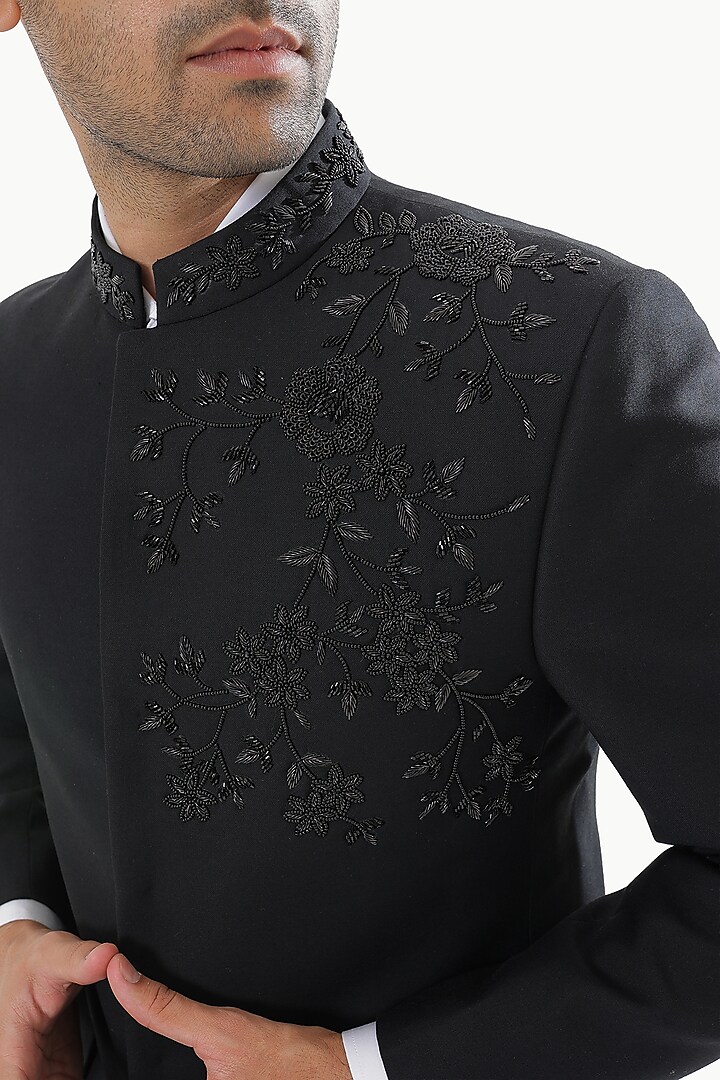 Deep Black Blended Rayon Floral Motifs Wedding Bandhgala Set by Prateek Munjal at Pernia's Pop Up Shop