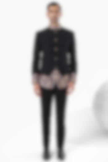 Black Blended Rayon Hand Embroidered Wedding Bandhgala Set by KUSTOMEYES at Pernia's Pop Up Shop