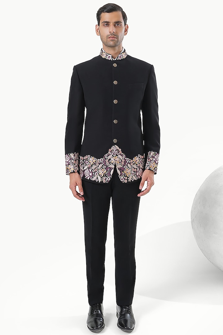 Black Blended Rayon Hand Embroidered Wedding Bandhgala Set by KUSTOMEYES at Pernia's Pop Up Shop