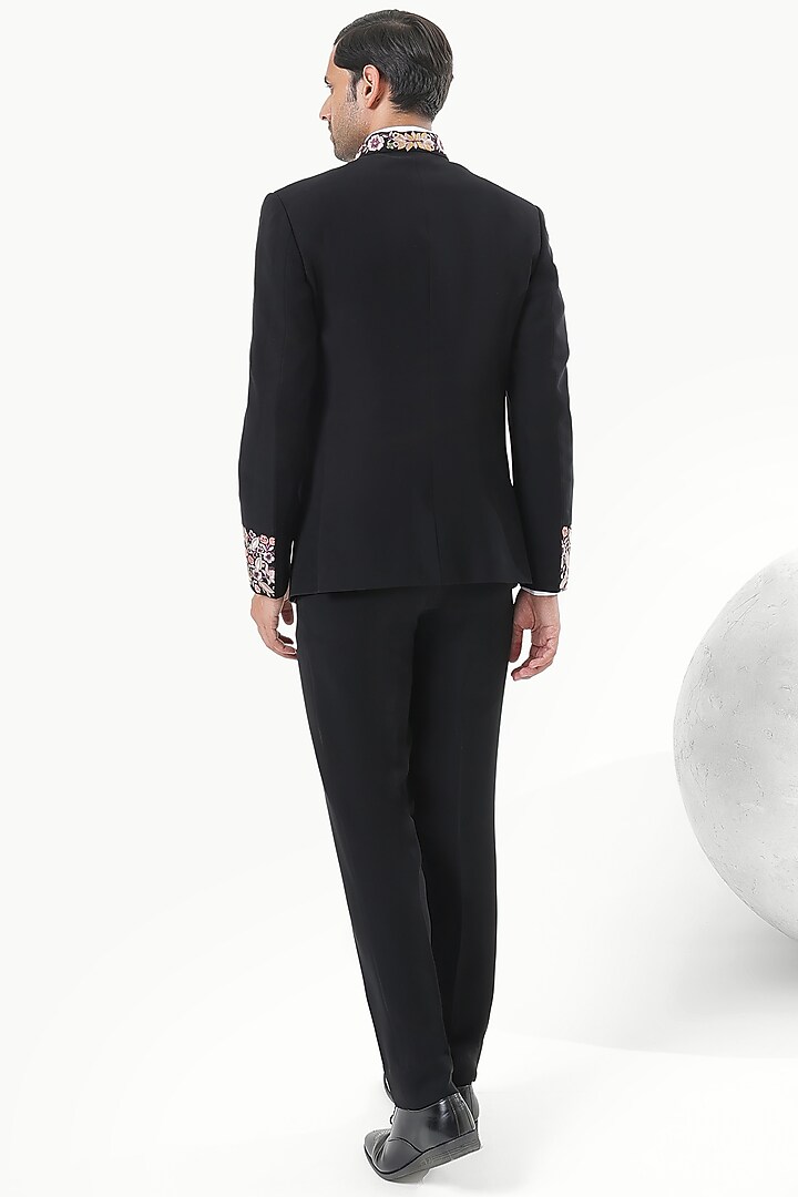 Black Blended Rayon Hand Embroidered Wedding Bandhgala Set by Prateek Munjal at Pernia's Pop Up Shop
