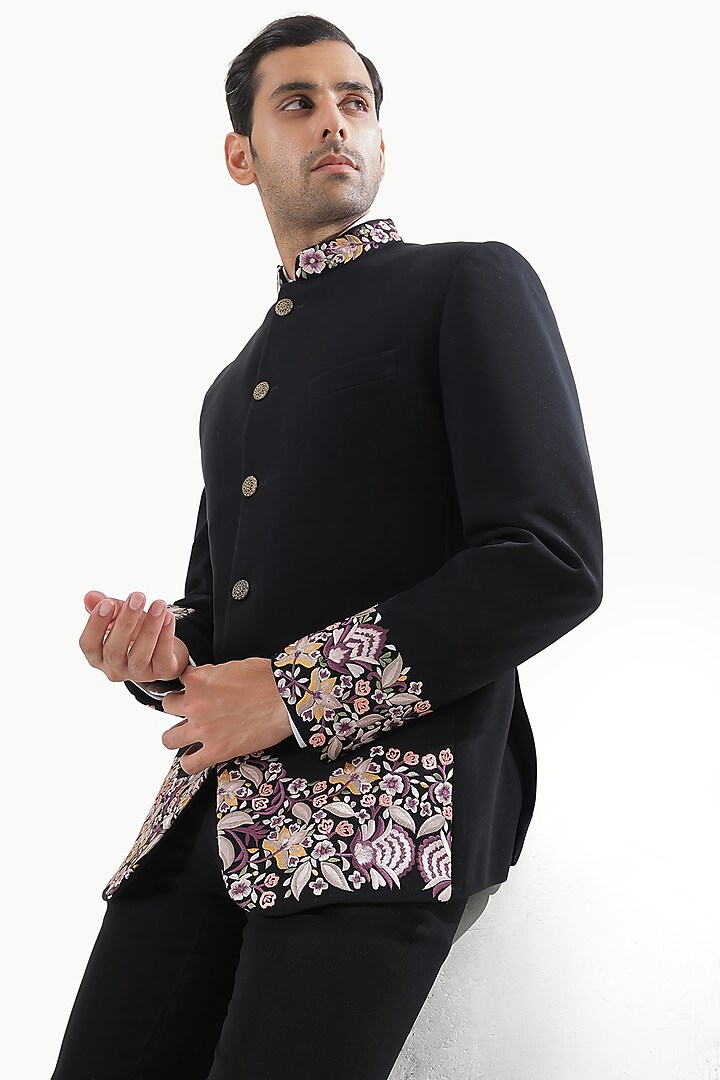 Black Blended Rayon Hand Embroidered Wedding Bandhgala Set by Prateek Munjal at Pernia's Pop Up Shop