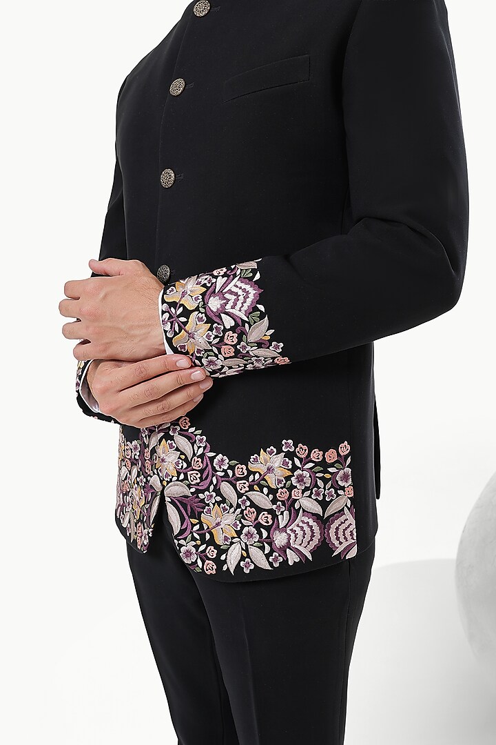 Black Blended Rayon Hand Embroidered Wedding Bandhgala Set by Prateek Munjal at Pernia's Pop Up Shop