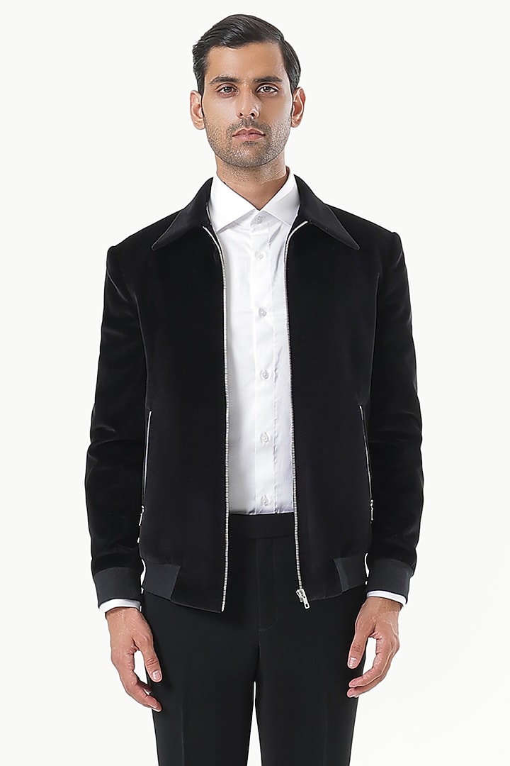 Black Cotton Velvet Bomber Jacket by KUSTOMEYES