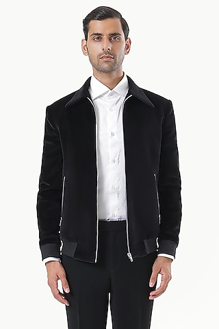 Black Cotton Velvet Bomber Jacket by Prateek Munjal