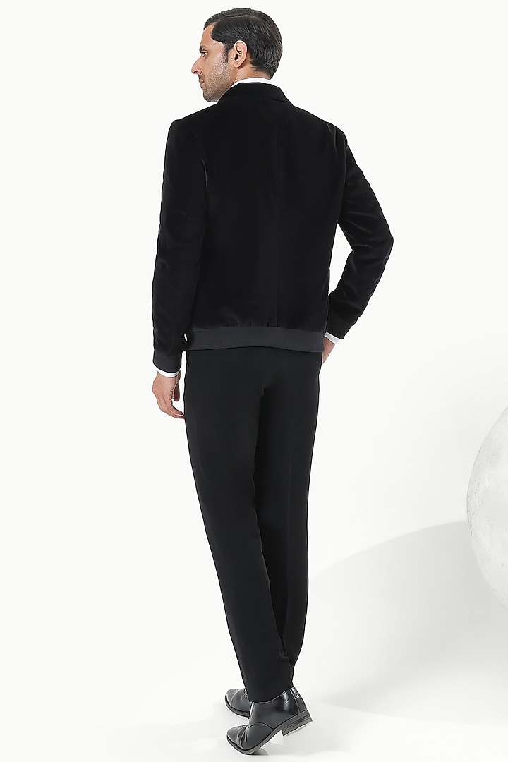 Black Cotton Velvet Bomber Jacket by Prateek Munjal at Pernia's Pop Up Shop