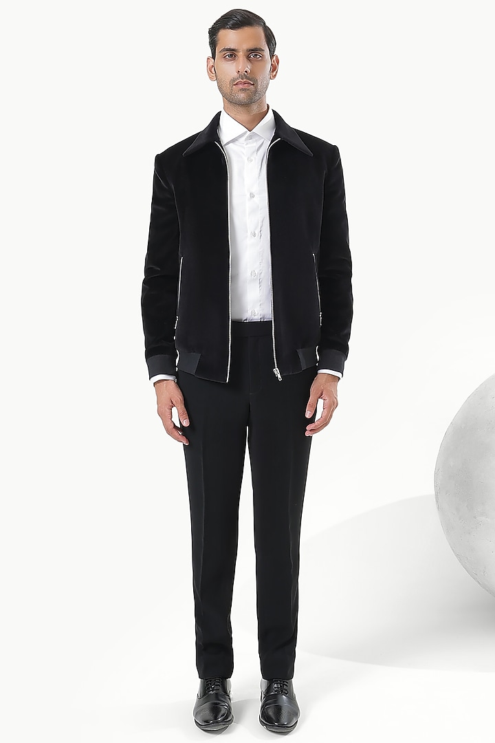 Black Cotton Velvet Bomber Jacket by Prateek Munjal at Pernia's Pop Up Shop