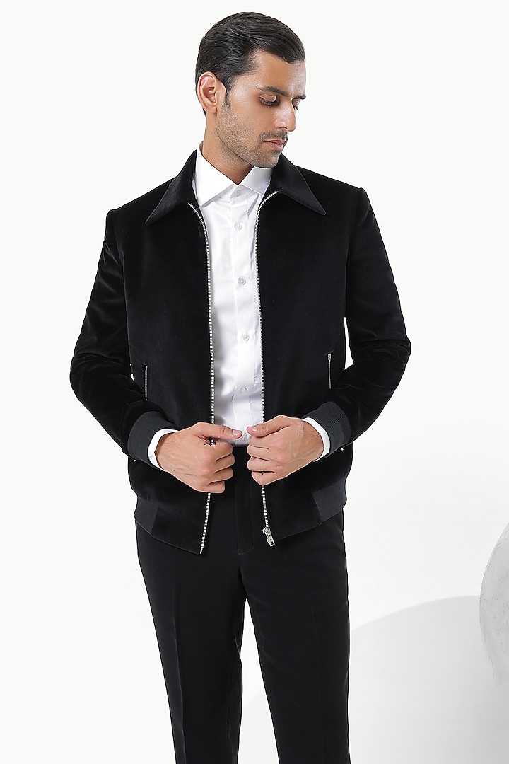 Black Cotton Velvet Bomber Jacket by Prateek Munjal at Pernia's Pop Up Shop