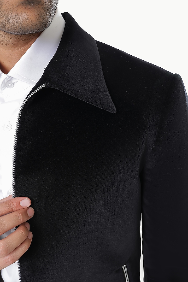 Black Cotton Velvet Bomber Jacket by Prateek Munjal at Pernia's Pop Up Shop