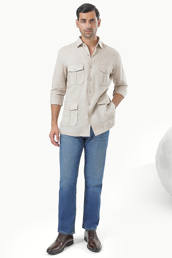 Beige Pure Linen Party Wear Shirt by KUSTOMEYES at Pernia's Pop Up Shop