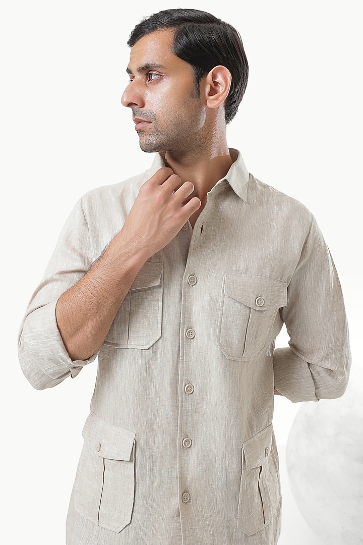 Beige Pure Linen Party Wear Shirt by Prateek Munjal at Pernia's Pop Up Shop