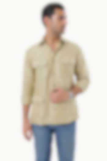 Dark Beige Pure Linen Party Wear Shirt by KUSTOMEYES at Pernia's Pop Up Shop