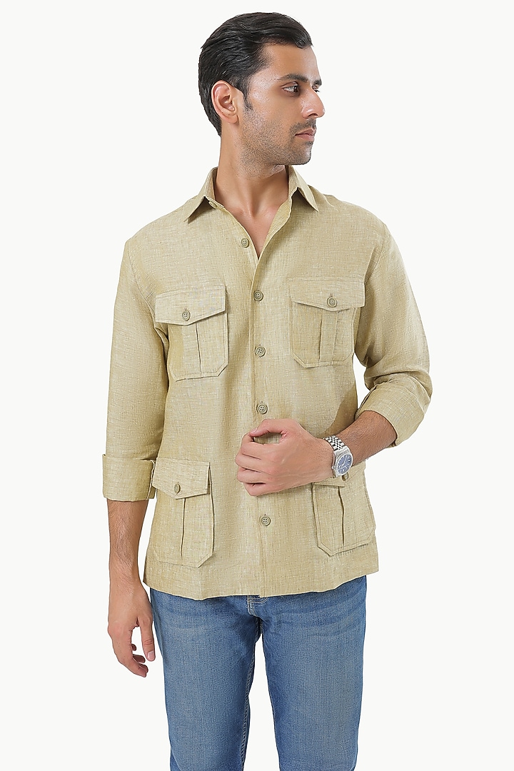 Dark Beige Pure Linen Party Wear Shirt by KUSTOMEYES at Pernia's Pop Up Shop