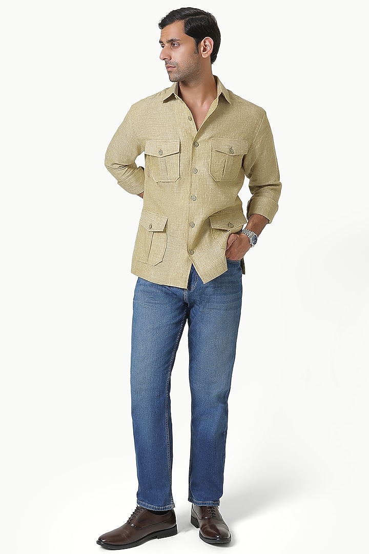 Dark Beige Pure Linen Party Wear Shirt by Prateek Munjal at Pernia's Pop Up Shop