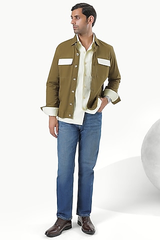 Olive Green Cotton Bomber Jacket by Prateek Munjal