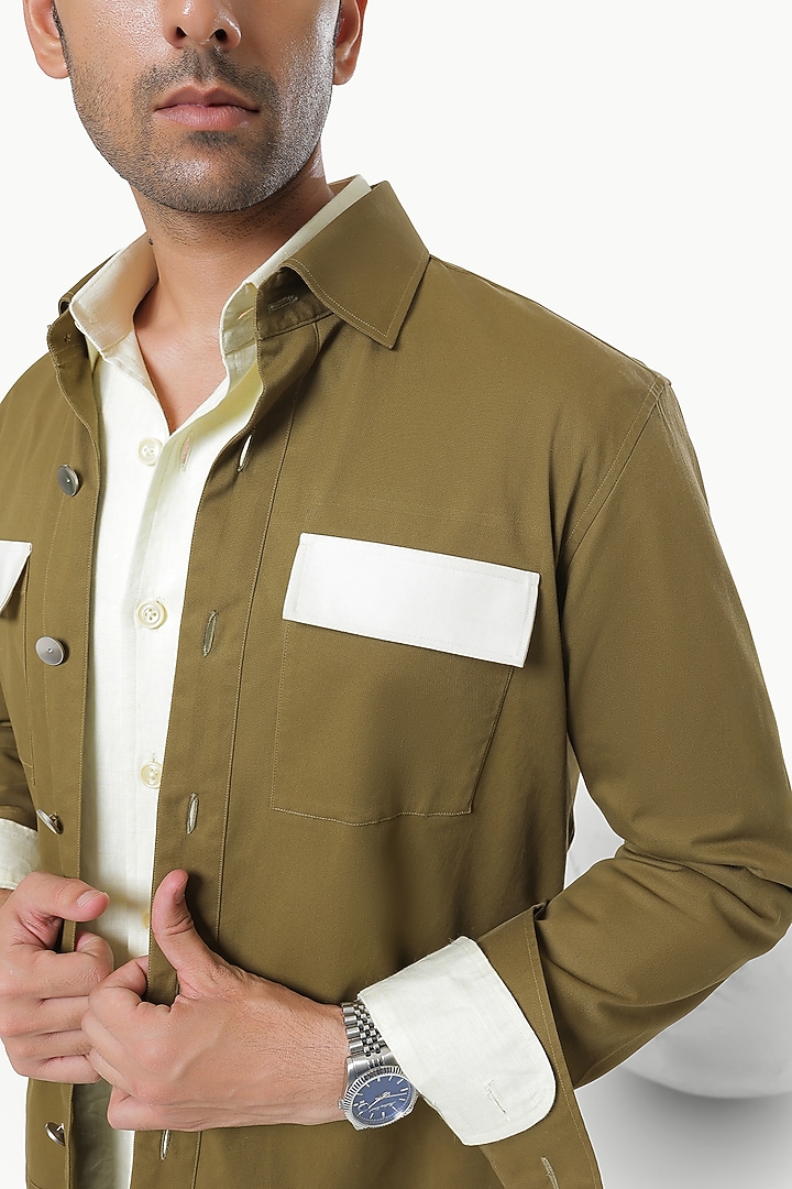 Olive Green Cotton Bomber Jacket by Prateek Munjal at Pernia's Pop Up Shop