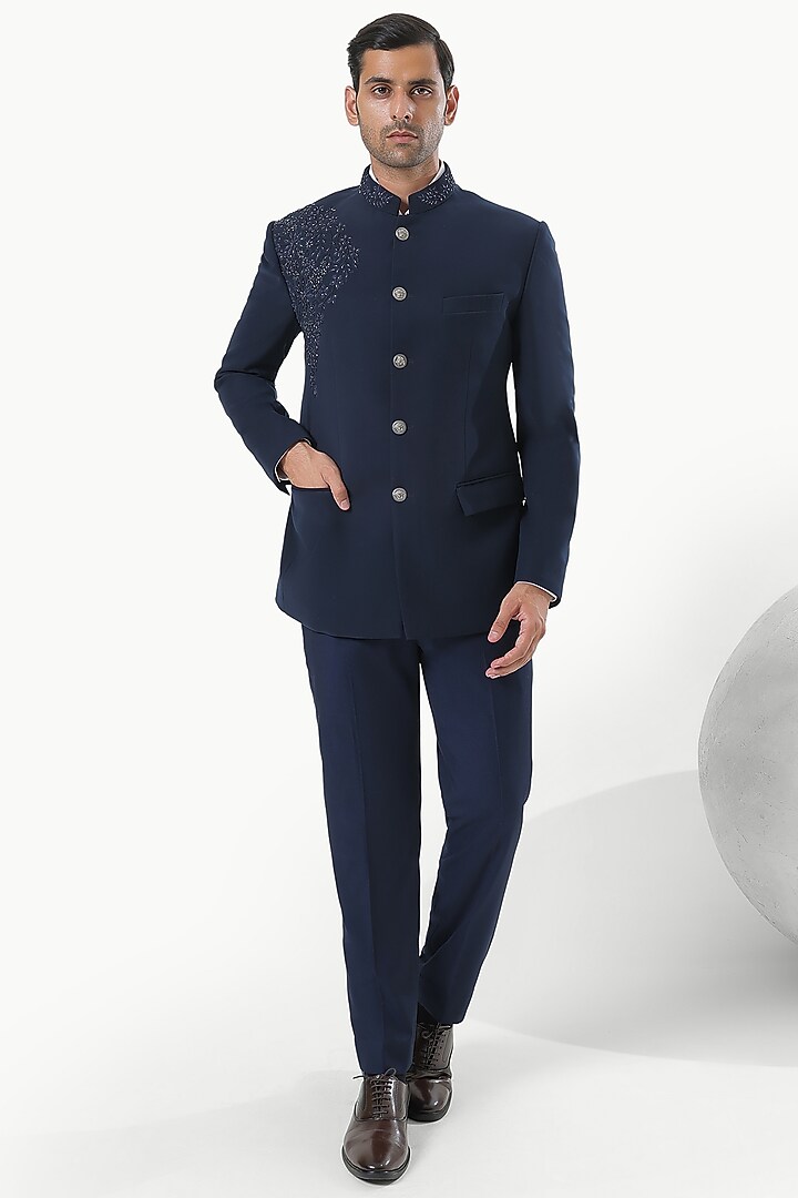 Blue Blended Rayon Embroidered Bandhgala Set by KUSTOMEYES