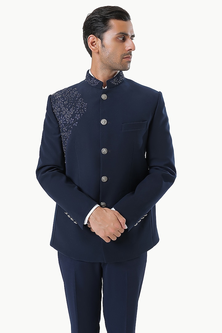 Blue Blended Rayon Embroidered Wedding Bandhgala Set by Prateek Munjal at Pernia's Pop Up Shop