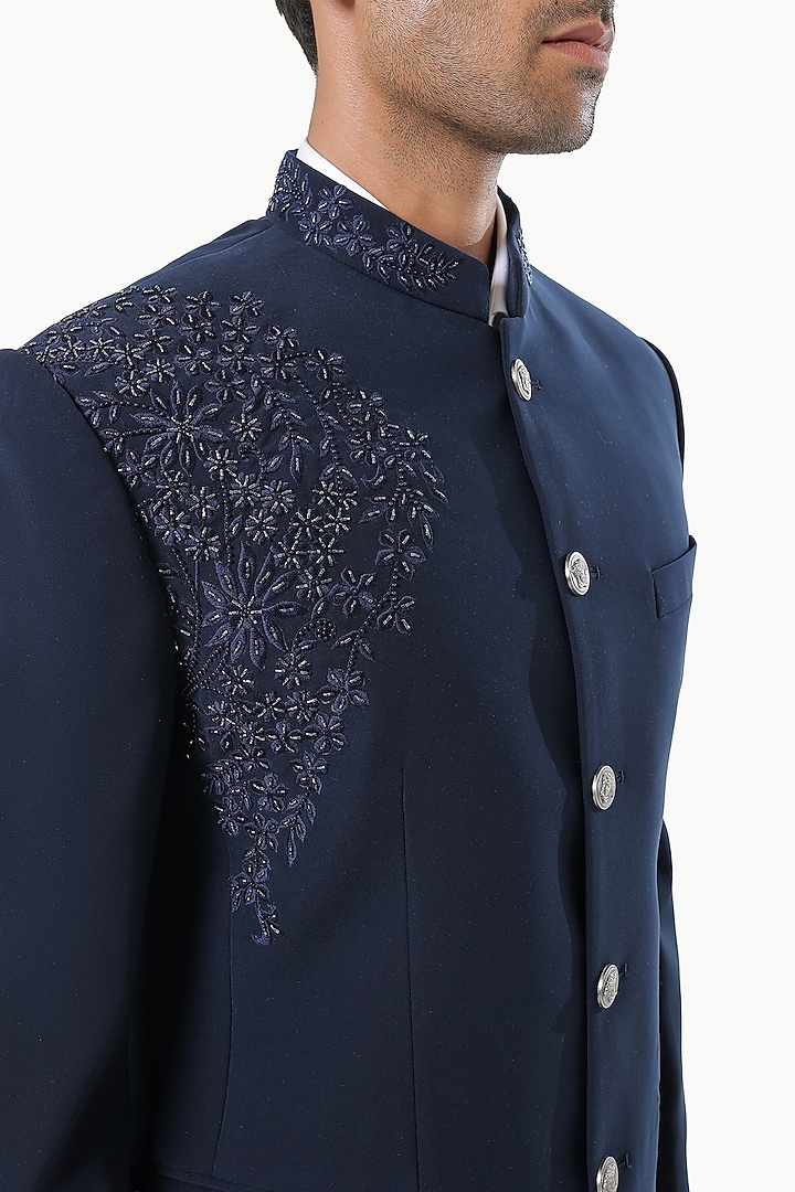 Blue Blended Rayon Embroidered Wedding Bandhgala Set by Prateek Munjal at Pernia's Pop Up Shop