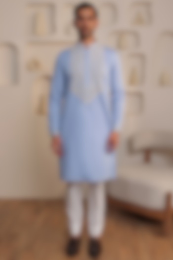 Powder Blue Cotton Floral Embroidered Kurta Set by Prateek Munjal at Pernia's Pop Up Shop