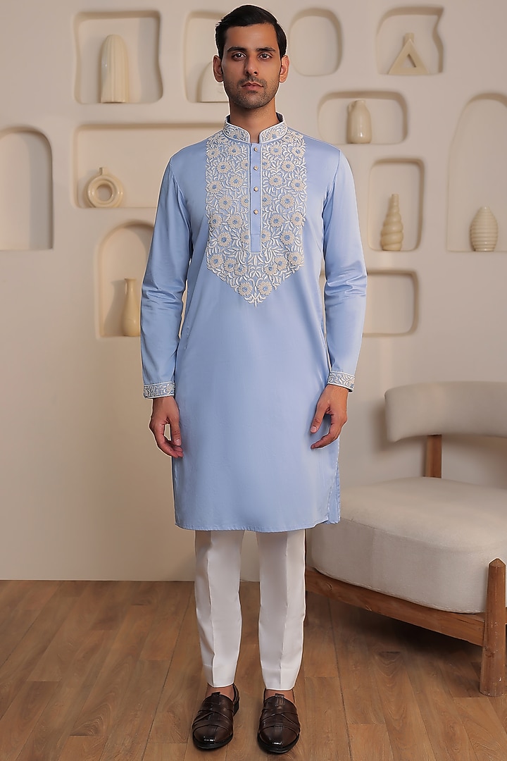 Powder Blue Cotton Floral Embroidered Kurta Set by Prateek Munjal at Pernia's Pop Up Shop