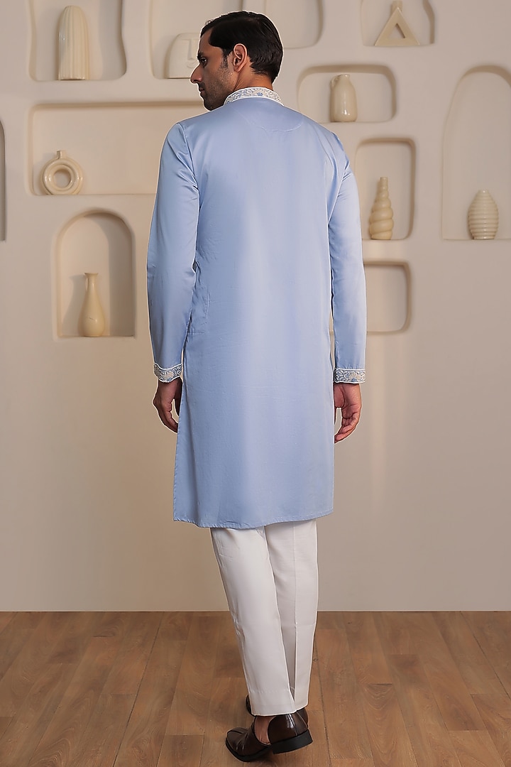 Powder Blue Cotton Floral Embroidered Kurta Set by Prateek Munjal at Pernia's Pop Up Shop