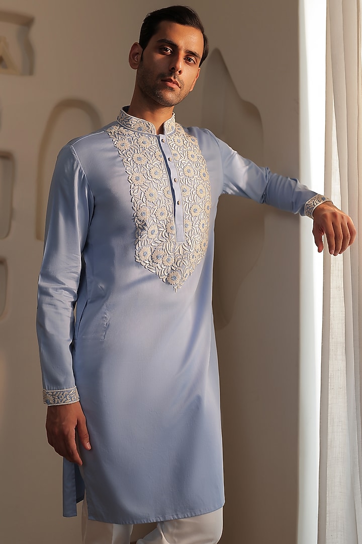 Powder Blue Cotton Floral Embroidered Kurta Set by Prateek Munjal at Pernia's Pop Up Shop