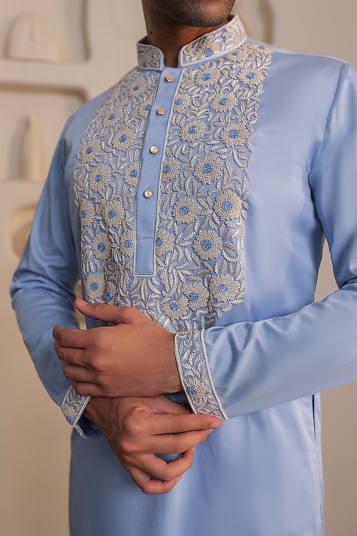 Powder Blue Cotton Floral Embroidered Kurta Set by Prateek Munjal at Pernia's Pop Up Shop