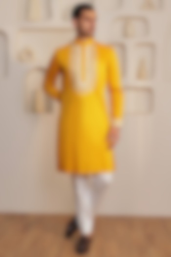Yellow Cotton Embroidered Kurta Set by KUSTOMEYES at Pernia's Pop Up Shop