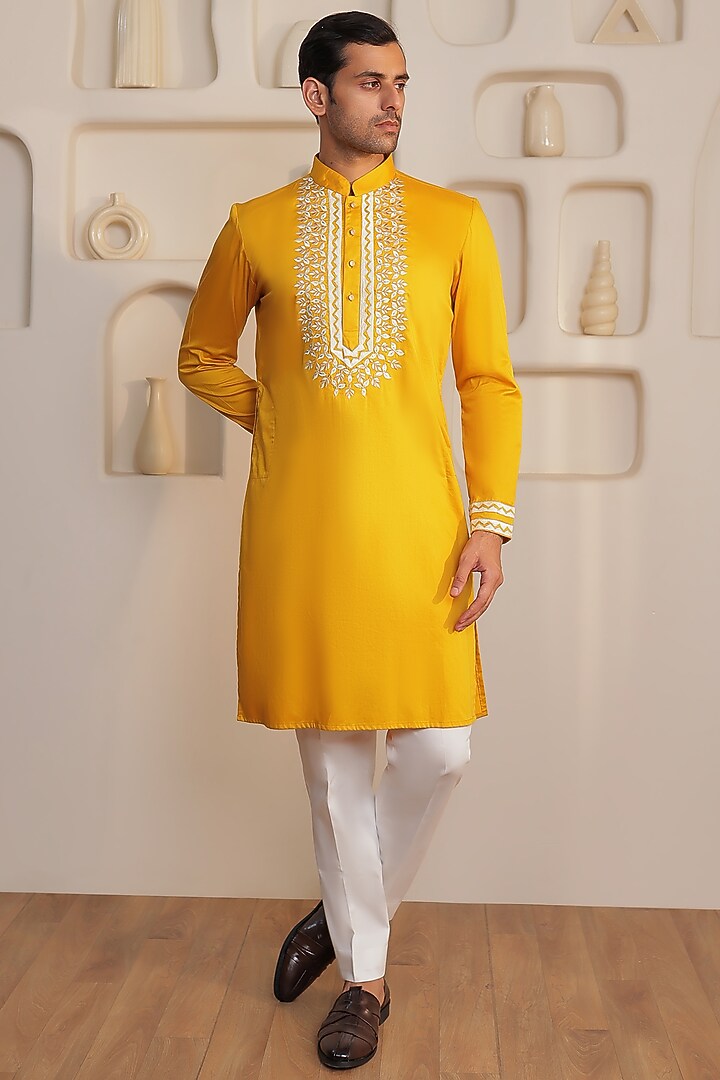 Yellow Cotton Embroidered Kurta Set by KUSTOMEYES at Pernia's Pop Up Shop
