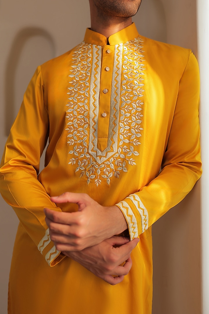Yellow Cotton Embroidered Kurta Set by Prateek Munjal at Pernia's Pop Up Shop