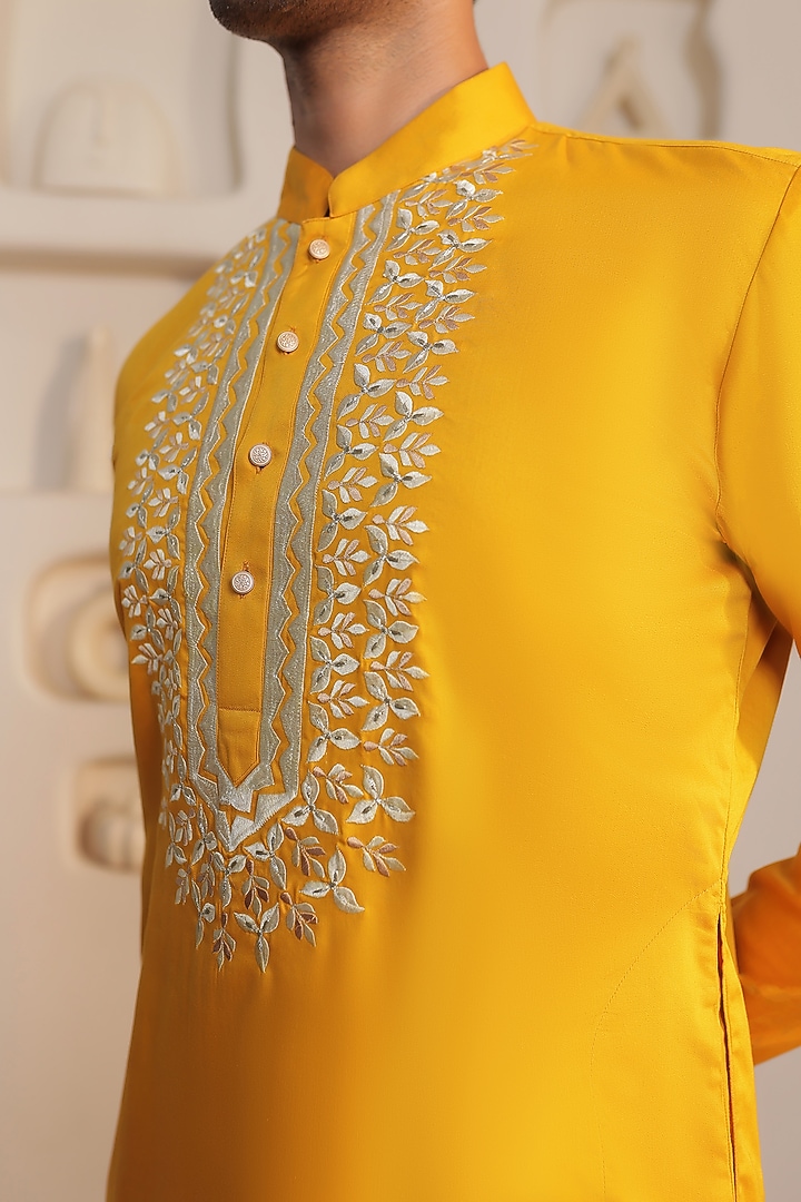 Yellow Cotton Embroidered Kurta Set by Prateek Munjal at Pernia's Pop Up Shop