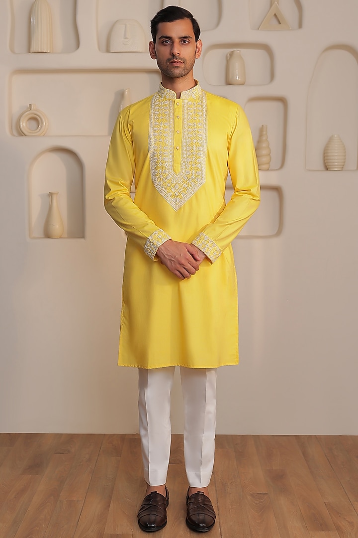 Yellow Cotton Hand Embroidered Kurta Set by KUSTOMEYES at Pernia's Pop Up Shop